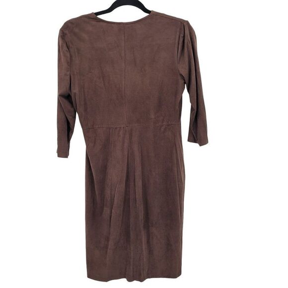 Vintage Faux Suede Mock Wrap 3/4 Sleeve Dress S Brown Stretch Native Peasant - Picture 2 of 8